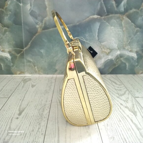 3-Way Gold Clutch Evening Bag Solid Handle Crystal Latch Removable Chain Strap - Picture 2 of 8